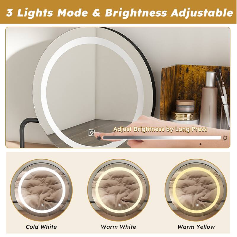 Makeup Vanity Dressing Table with Round LED Makeup Mirror & Metal Chair