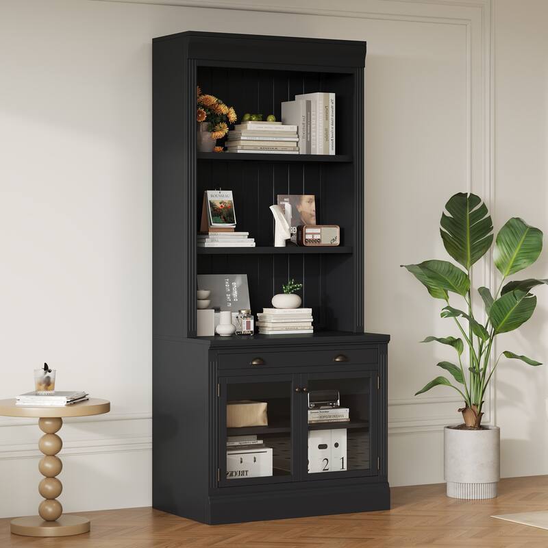 5-Tier Bookshelf with Storage Cabinet, 83" Tall Modern Bookcase with Glass Doors, Open Shelves, Floor Wooden Display Book Shelf - Black