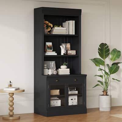 5-Tier Bookshelf with Storage Cabinet, 83" Tall Modern Bookcase with Glass Doors, Open Shelves, Floor Wooden Display Book Shelf