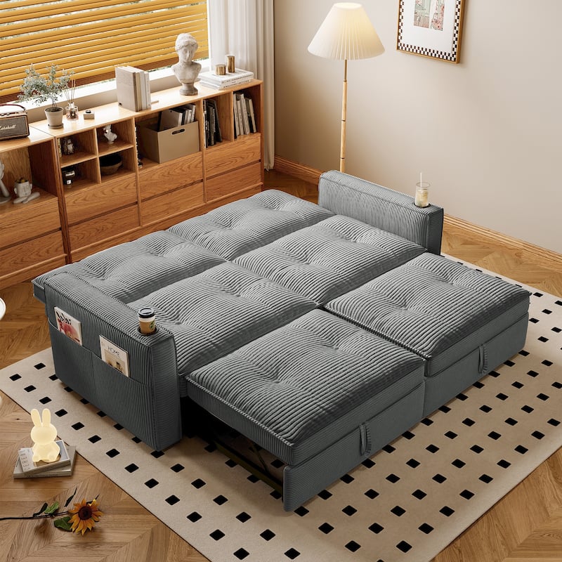 Multi-Functional Corduroy Loveseat Couch Convertible Sleeper Sofa Bed with Cup Holders and Side Pockets for Sitting, Sleeping