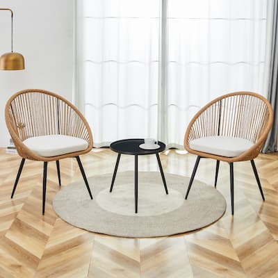Modern 3-Piece Anti-Spill Round Coffee Table with 2 Rattan Swivel Chairs Outdoor Balcony Casual Dining Set with Cushion