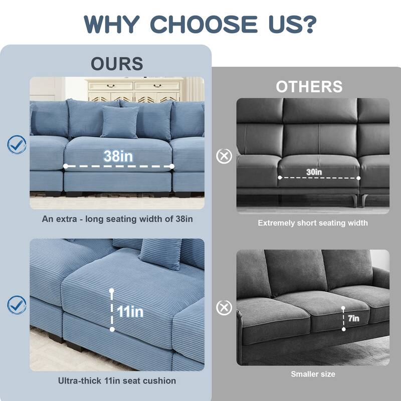 Sectional Couch with 2 Movable Ottomans, 92" Corduroy Couches for Living Room, Upholstered Sofa Couch with Deep Seat for Bedroom