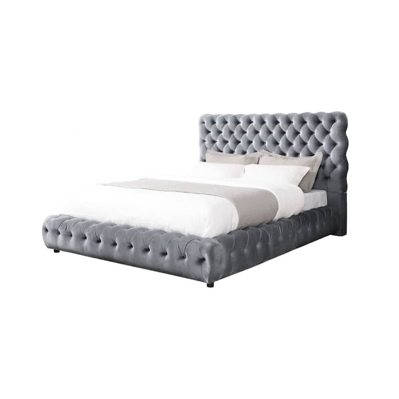 Goy Queen Size Bed, Diamond Tufted Gray Velvet Upholstery, Low Profile