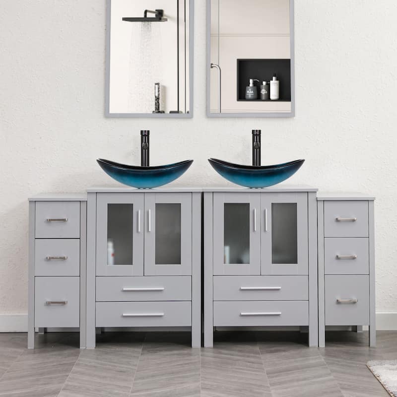 72" Bathroom Vanity Set Glass Ceramic Vessel Sink Side Cabinet Combo - Glass blue boat sink - Grey