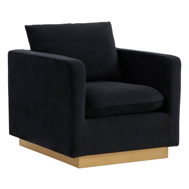 Nervo Velvet Modern Single Seater Sofa, Accent Arm Chair with Gold Stainless Steel Square Base for Living Room & Bedroom - 32.67 - Midnight Black