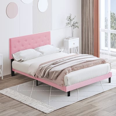 Pink Queen Size Upholstered Bed Frame with Button Tufted Linen Headboard