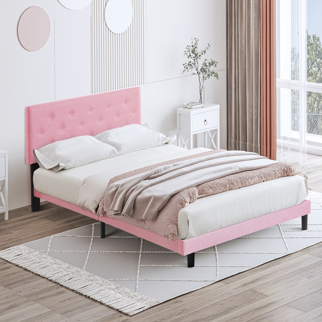 Queen Size Upholstered Platform Bed Frame with Modern Button Tufted Linen Fabric Headboard, Wood Slat Support, for Men Women