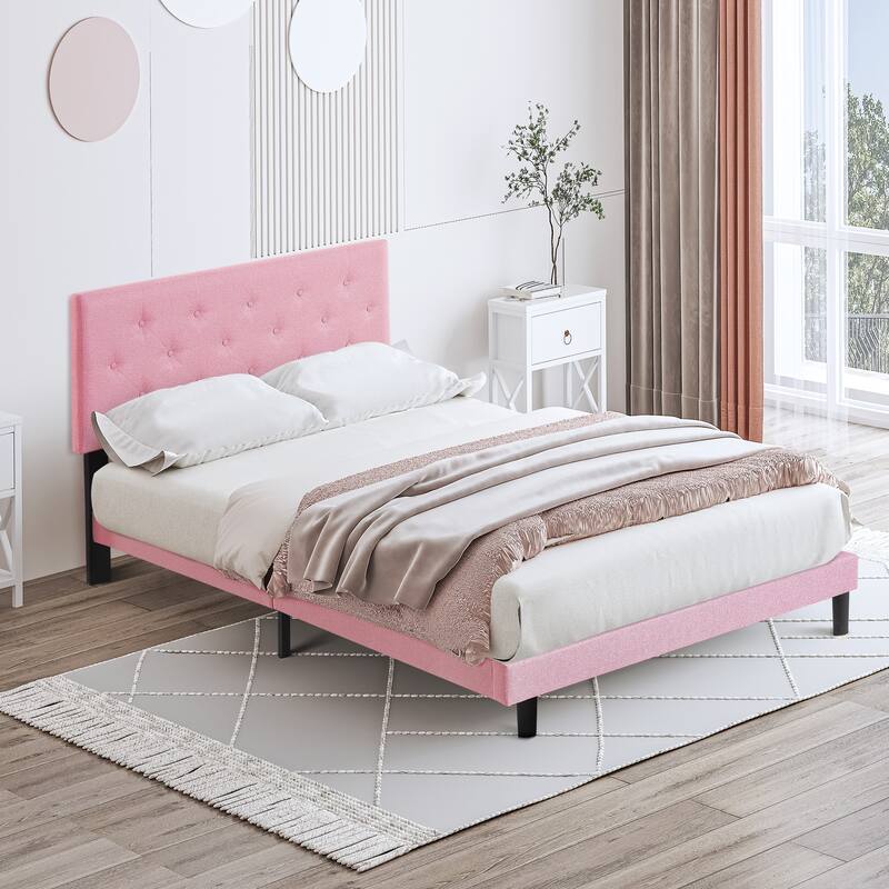 Upholstered Platform Bed Frame with Button Tufted Linen Fabric Headboard - Pink - Queen