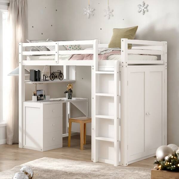 slide 2 of 58, Elegant Twin size Loft Bed with Drawers, Desk and Wardrobe, Health and Comfort, Sturdy Construction & Safety Guaranteed, White White