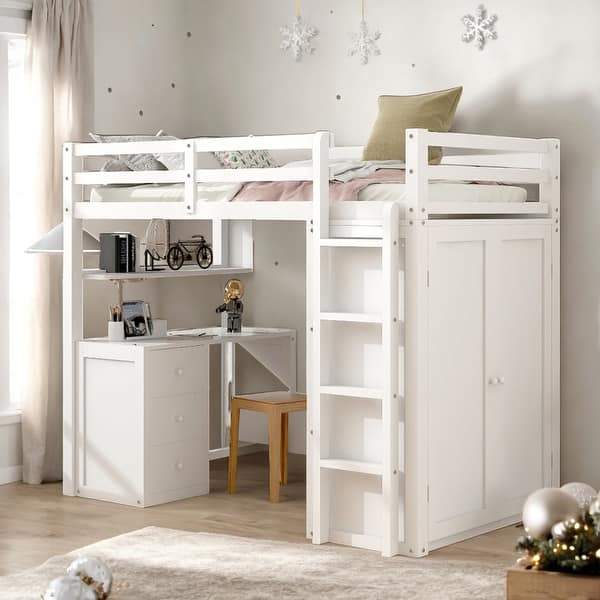 slide 2 of 58, Twin size Loft Bed with Drawers, Desk and Wardrobe, Space-saving, White White