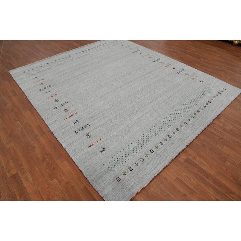 Hand Knotted Oriental 100% Wool Carpet Tribal Animal Pictorial Greys & Charcoal Gabbeh Area Rug - 9' 9'' X 8' 3''