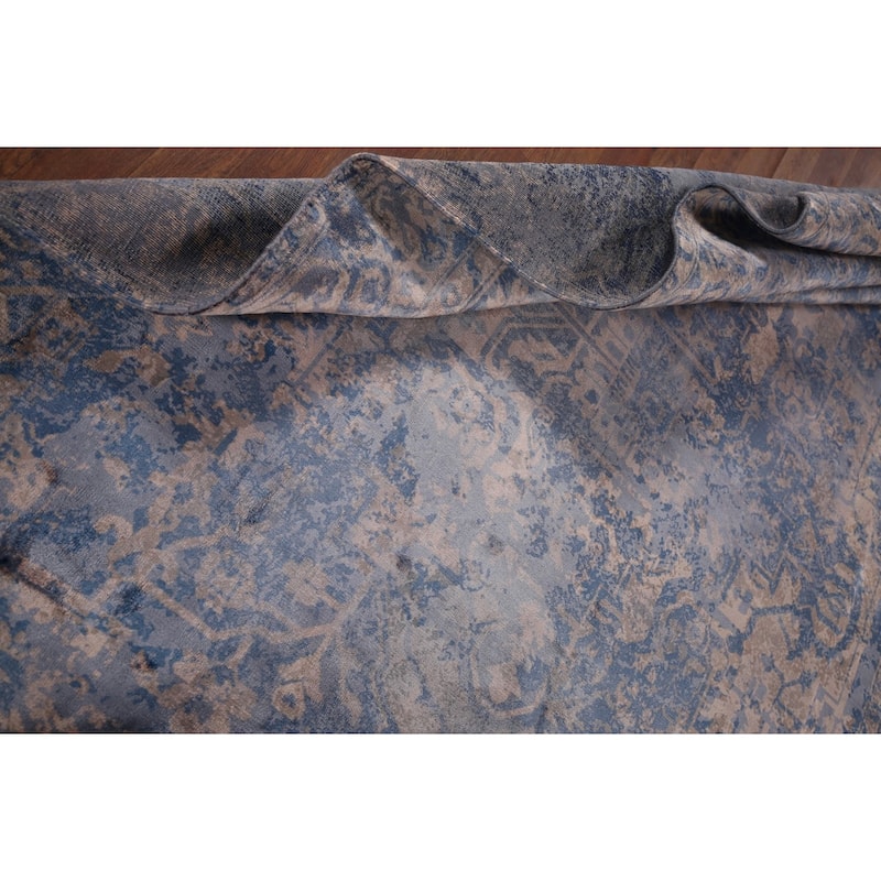 All-Over Blue Abstract Indian Area Rug Handmade Wool Carpet - 6'7"x 9'8"