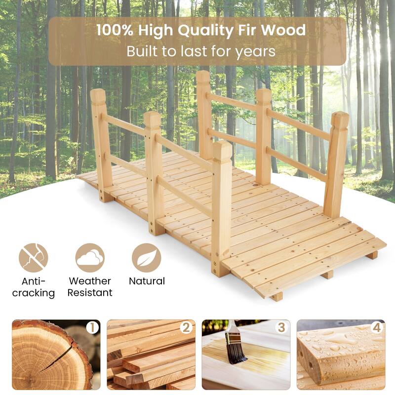 Costway 5' Wooden Garden Bridge Arc Stained Finish Footbridge Backyard