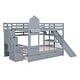 preview thumbnail 32 of 34, Full Over Full Castle Style Bunk Bed Kids Bed with 2 Drawers 3 Shelves and Slide Kids Furniture, Blue