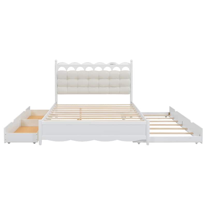 Queen Size Platform Bed with Twin XL Trundle, Wooden Storage Bed Frame with 2 Storage Drawers, One set of Sockets & USB Ports