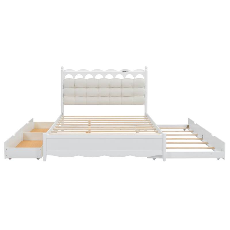 Queen Size Wooden Storage Platform Bed with 2 Drawers, Trundle, USB Ports & Sockets, White