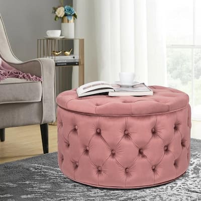 Adeco Round Velvet Button Tufted Storage Ottoman