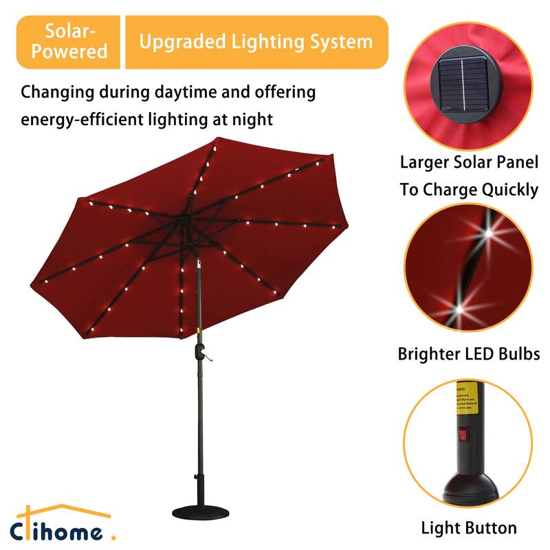 Clihome 9-Ft Outdoor 32 LED Solar Market Umbrella with Tilt & Crank