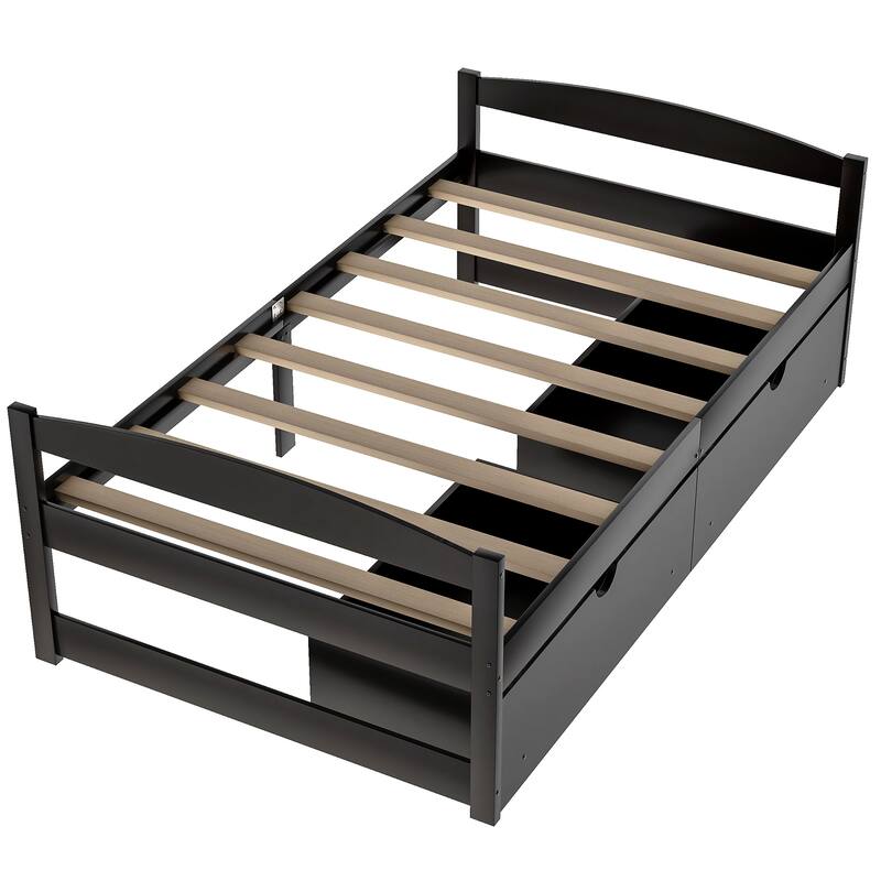 Twin Size Platform Bed with 2 Drawers in Espresso Finish, Space-Saving Storage