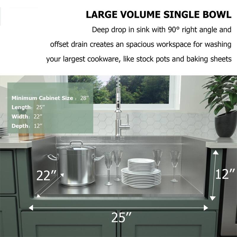 Laundry Utility Sink Drop In Topmount Deep Single Bowl Kitchen Sink Basin - Brushed Nickel