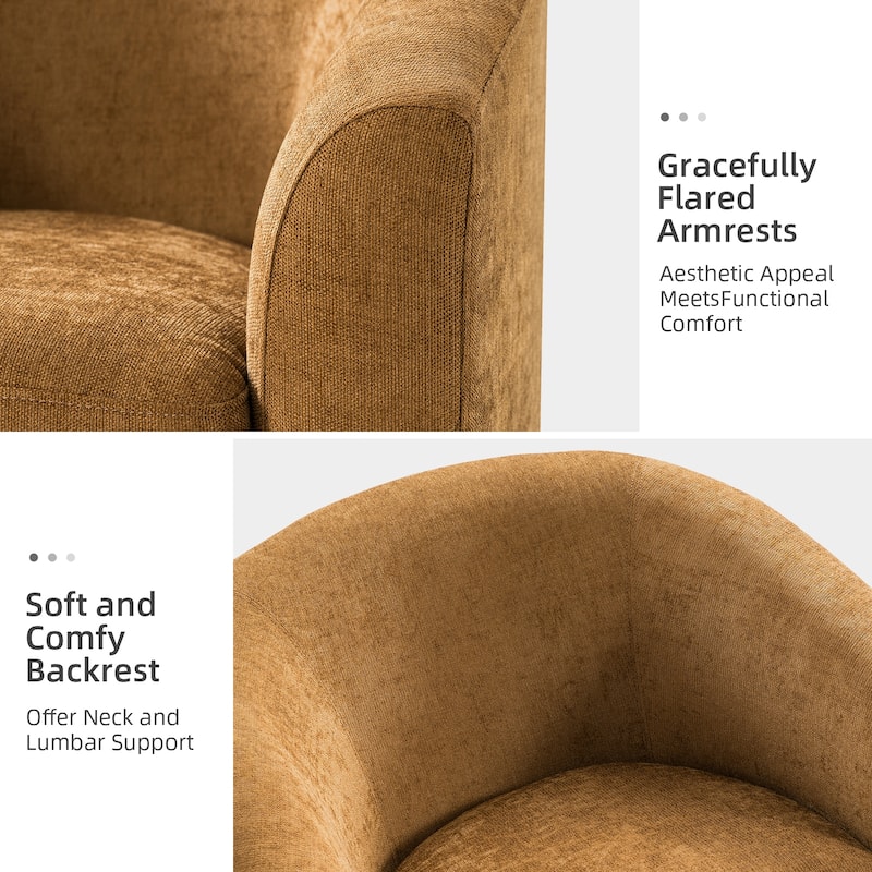 Cuenca Modern Living Room Wooden Upholstered 360° Swivel Barrel Chair with Metal Base and Wide Backrest