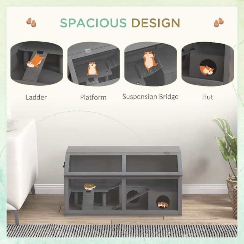Charcoal Grey Fir Wood Hamster Cage with Hut, Ladder and Suspension Bridge - 33.5" L x 17.7" W x 17.3" H