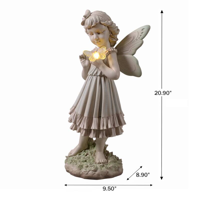 LED Solar Powered Girl Holding Butterfly Outdoor Garden Statue - 21"