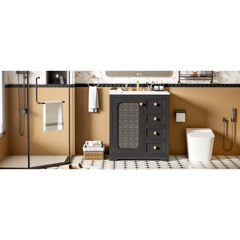 30''/36'' Bathroom Vanity with Sink, 3 Drawers Bathroom Storage Cabinet with Soft-Close Glass Door and Adjustable Shelf