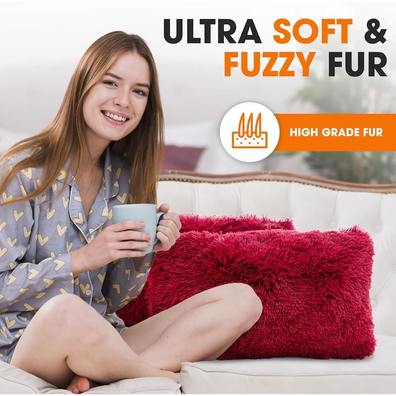 Cheer Collection 12"x20" Shaggy Long-hair Throw Pillows (Set of 2)