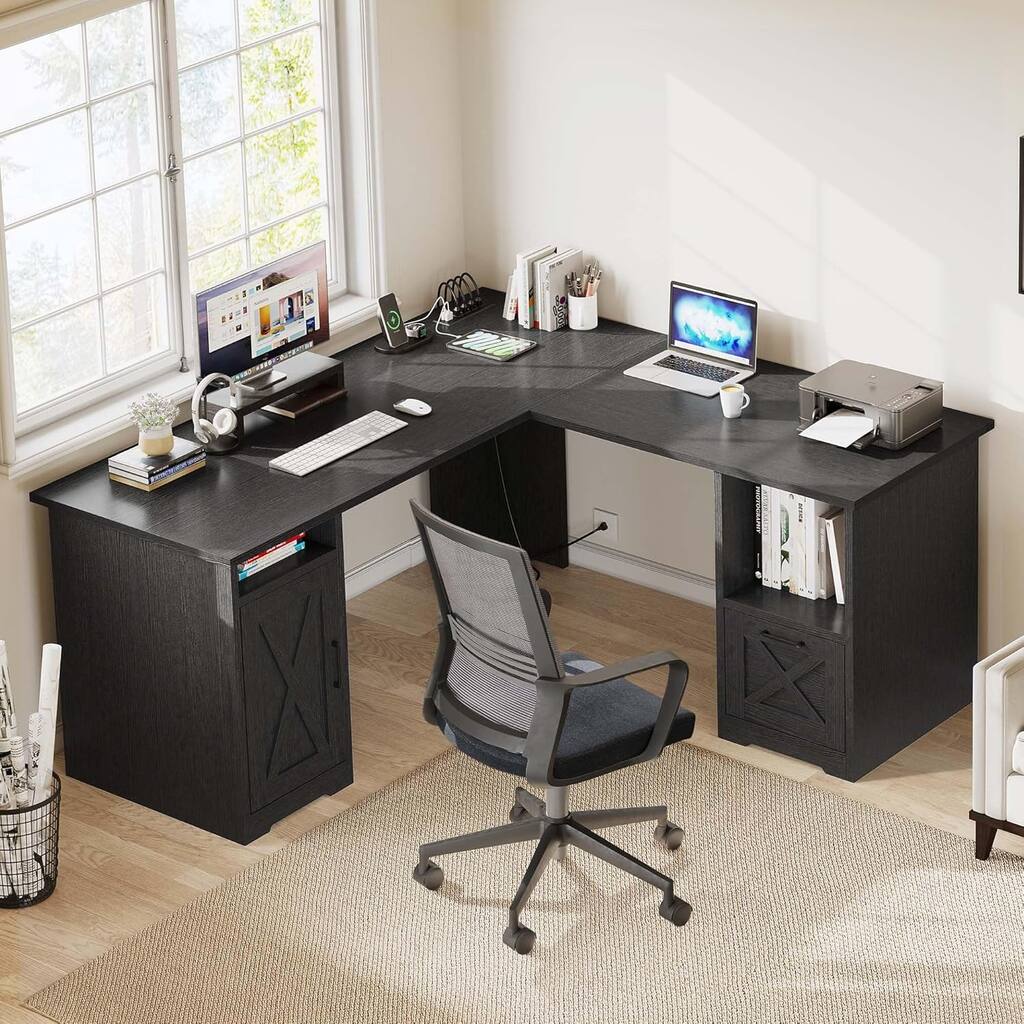Moasis 59-inch Computer L-shaped Desk with Monitor Stand and Cabinet, Executive Desk w/Power Outlets