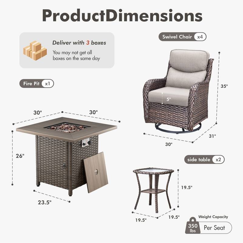 Meyreso 7-Piece Outdoor Patio Wicker Fire Pit 4 person Conversation Set with 5-Inch Thick Cushions