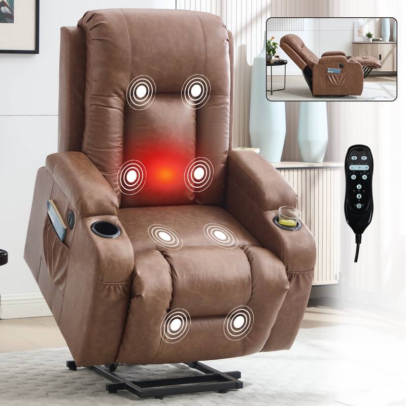 PU Infinite Position Power Lift Recliner with Massage, Heat & USB Charging - 350 LB Capacity - Brown