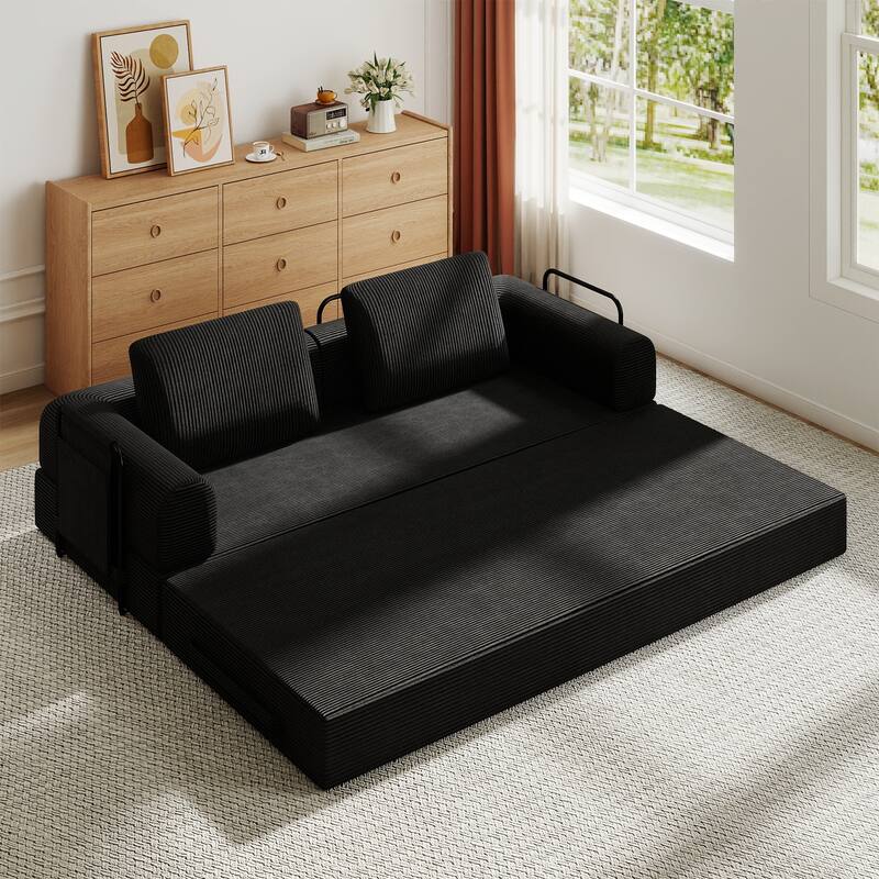 Convertible Sleeper Sofa Bed with Cylindrical Pillow - Corduroy Folding Mattress Couch with Fixed-Shape Frame