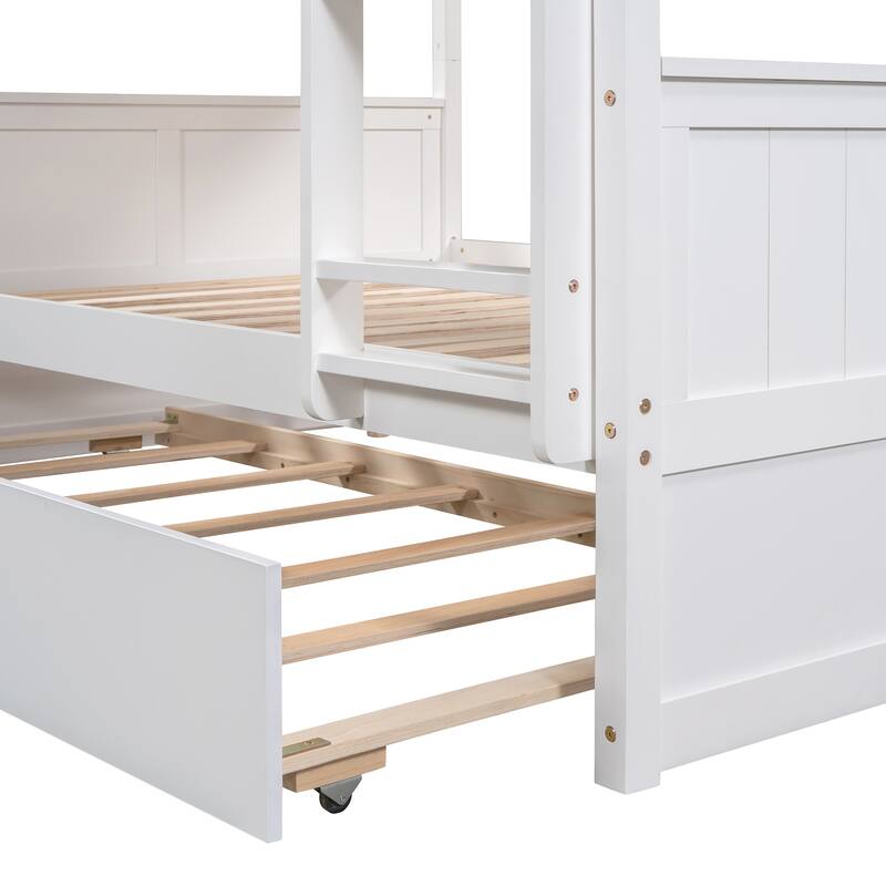 Full Over Full Bunk Bed with Twin Trundle, White - Space-Saving Triple Sleeper with Solid Wood Frame