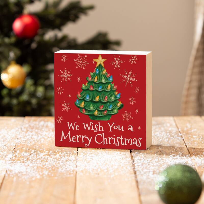 Nostalgia Christmas Tree Sign Wood Block - "We Wish You A Merry Christmas" - 6" x 6" - Multicolor