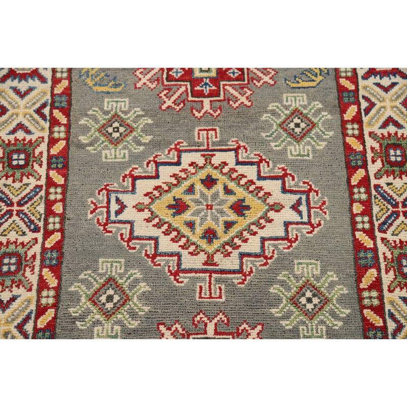 Geometric Kazak Foyer Rug Handmade Grey Wool Handmade Wool Carpet - 2'8" x 4'2"