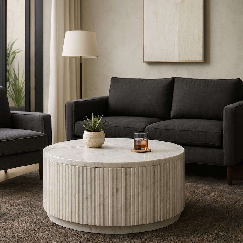 Fluted Round Marble Coffee Table for Home Decor - 36", White - 36.0"