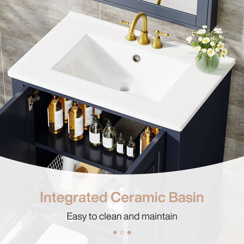 Solid Wood Modern Bathroom Vanity with Ceramic Sink, Adjustable Shelf Storage