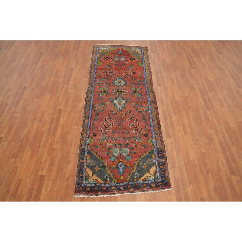 Hand Knotted Oriental 100% Wool Carpet Traditional Floral Coral Hamedan Runner Rug - 9' 10'' X 3' 6''