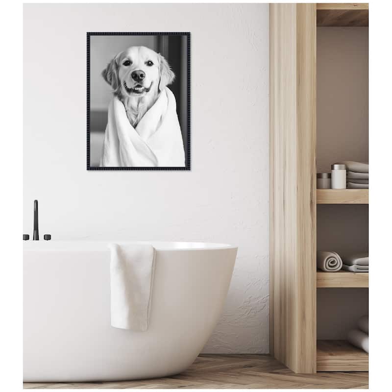 Kate and Laurel Sylvie Golden Retriever Bathroom Towel Robe Black and White Framed Canvas by The Creative Bunch Studio