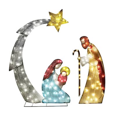 5FT Tall Multicolored Tinsel Nativity Scene w/Warm White LED Lights, Indoor Outdoor Christmas Decoration - Multicolor