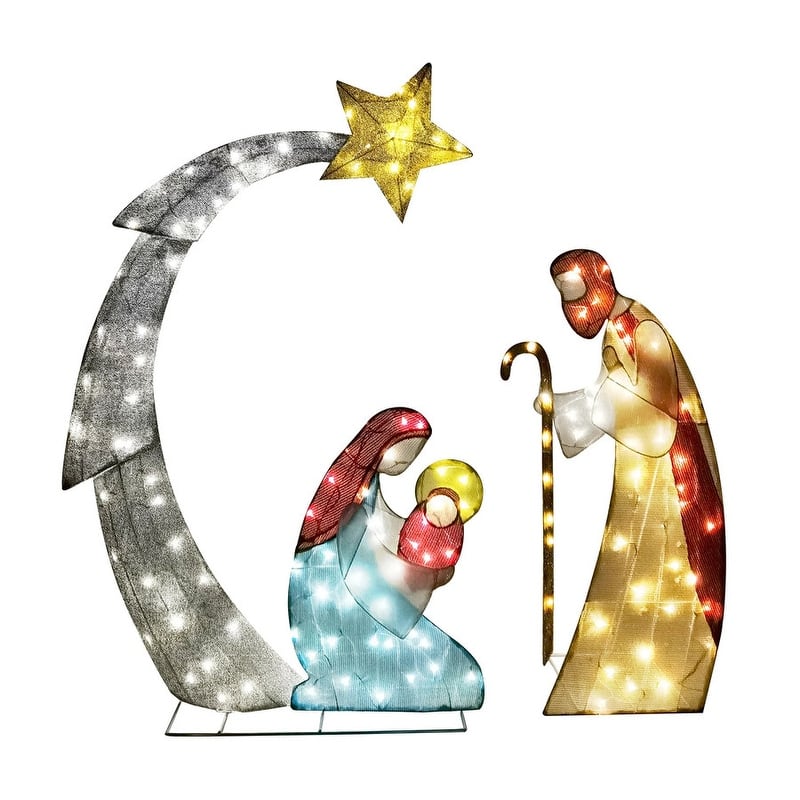 5FT Tall Multicolored Tinsel Nativity Scene w/Warm White LED Lights, Indoor Outdoor Christmas Decoration - Multicolor
