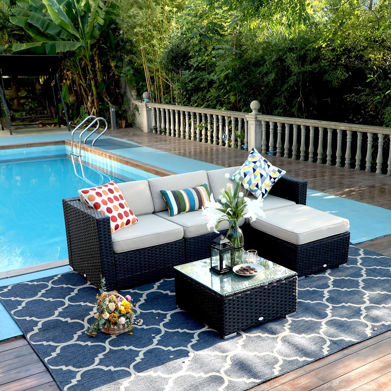 Navy Blue Phi Villa 5 Piece Patio Rattan Furniture Set Outdoor Furniture Wicker Sofa Conversation Sofa Set Low Back Design Patio Furniture Accessories Patio Seating