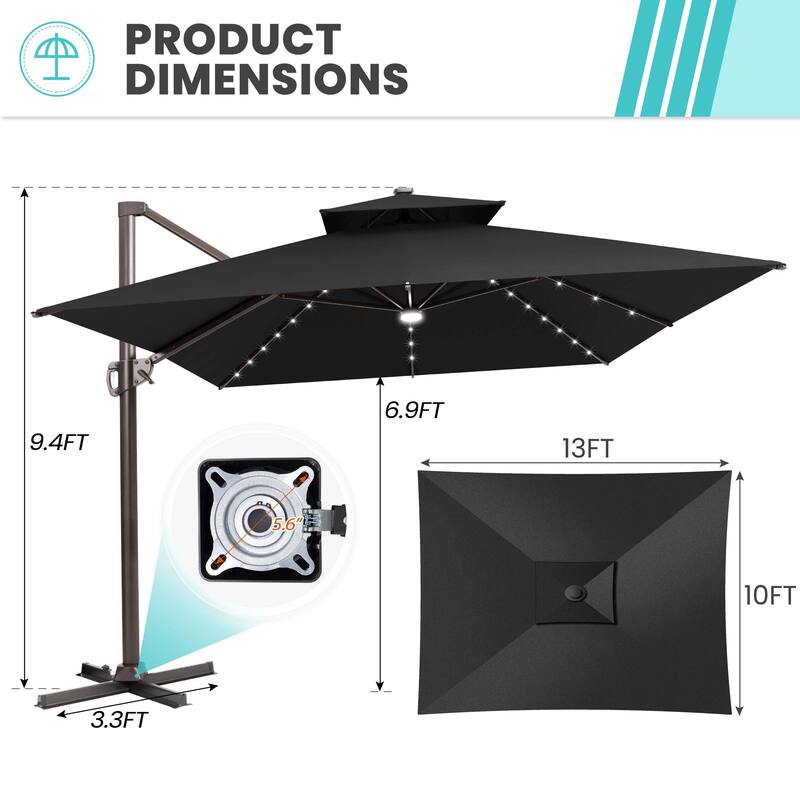 13 x 10 ft Outdoor Solar Powered LED Patio Cantilever Umbrella
