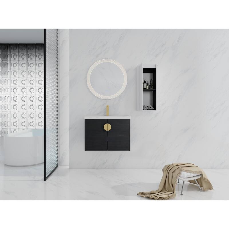 28" Floating Bathroom Vanity with Ceramic Sink, Soft-Close Doors, Wall-Mounted Side Cabinet, Black Chestnut