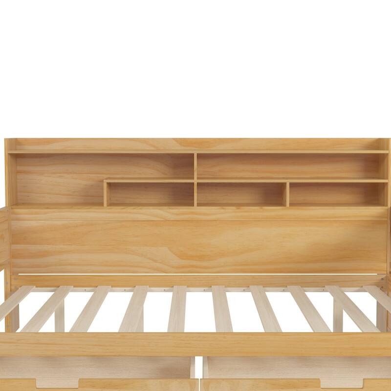 Wooden Full and Twin Size Daybed with Storage Shelves, Multi-functional Bed with Two Storage Drawers and Study Desk