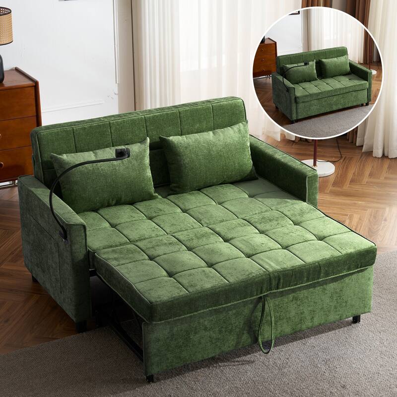 Pull-Out Sofa Bed Sleeper Sofa with A Reversible Backrest Cushion, Side Pockets, Two USB Ports and a Phone Holder - Green