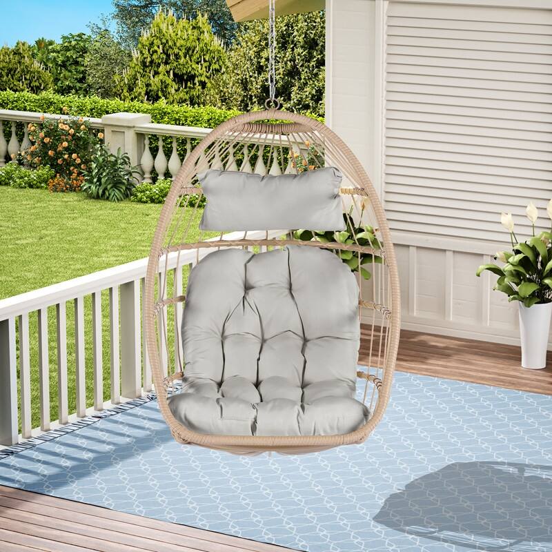 Egg Chair Outdoor Without Stand Indoor,Wicker Rattan Hammock Egg Porch Swing with Cushions for Bedroom Patio Balcony - Natural+Light Gray