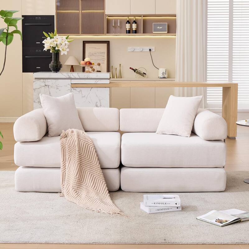 Modular Couch Sofa Bed, Convertible Design with Removable Armrests,Folding Mattress Couch for Small Spaces ,No Assembly - Beige