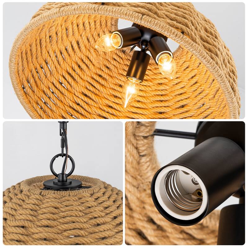 3-Light Farmhouse Hemp Rope Pendant Light for Kitchen Island Dining Room - Black - 17.9" W × 8.9" H